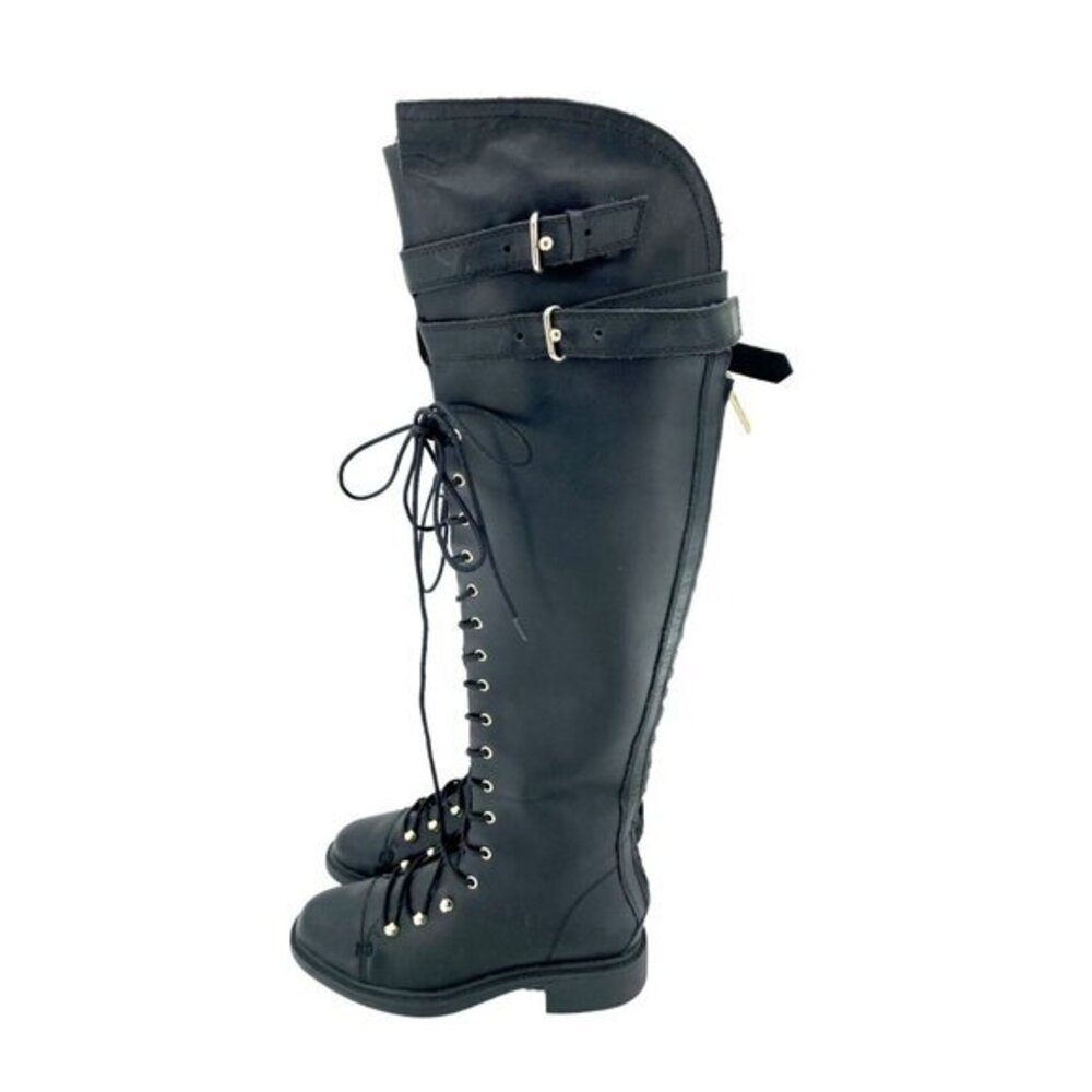 Joie Gryffin Over the Knee Boots Lace Up Buckle Black Leather EU 36 New